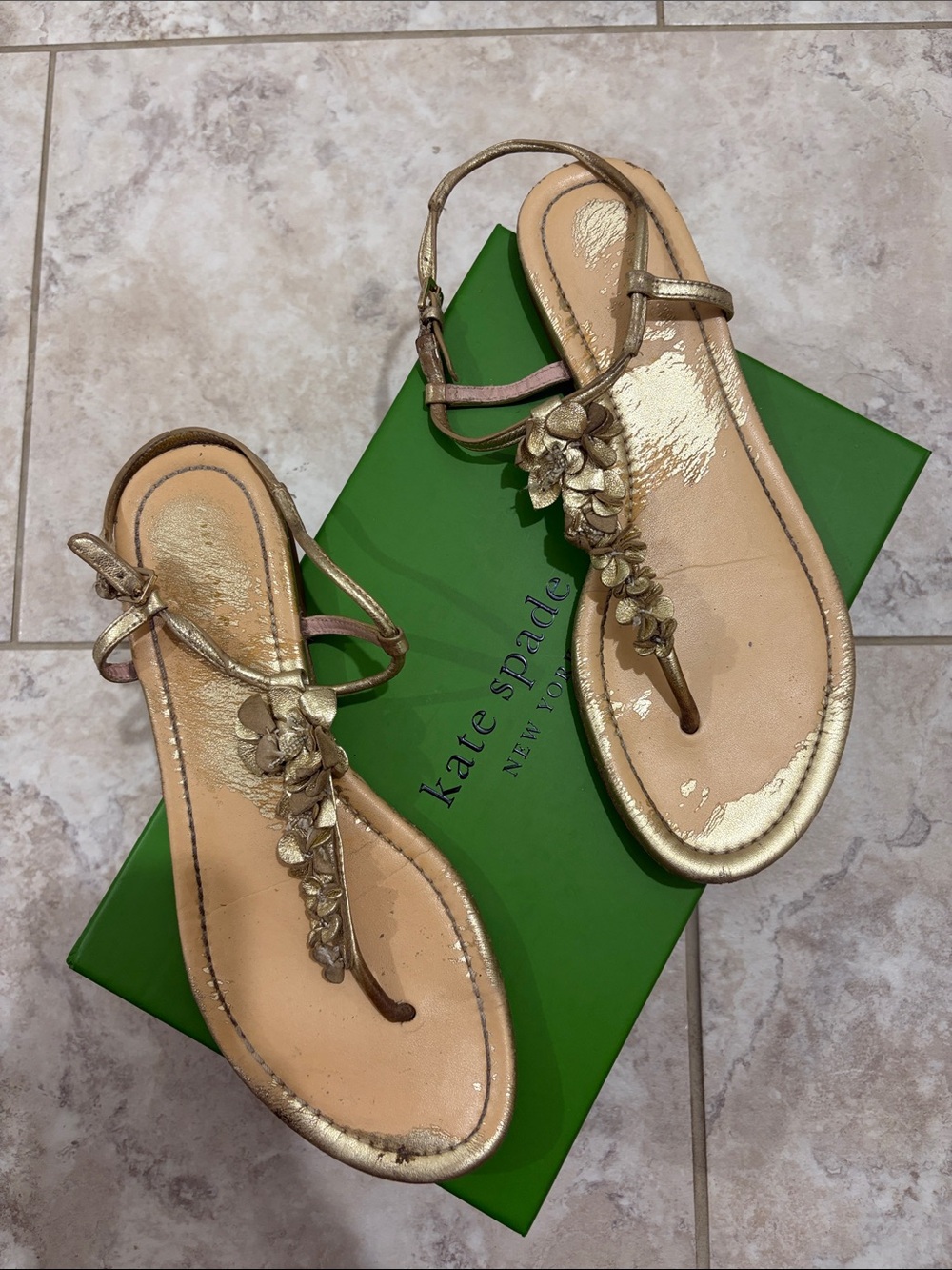 kate spade Metallic Gold Floral T-Strap Sandals